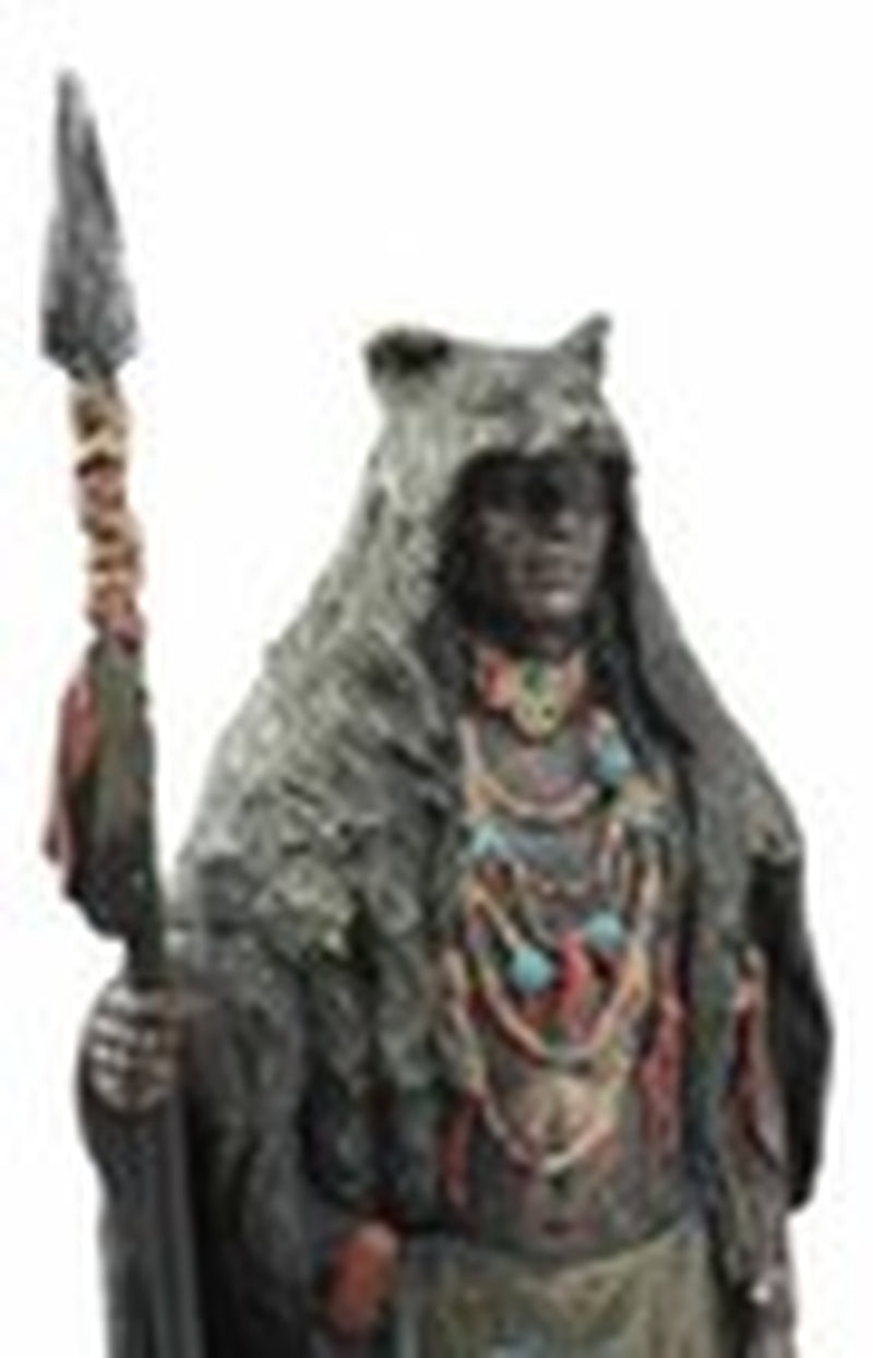 Brave Tribal Indian Native Warrior Hunter with Bear Headdress Winter Coat Statue