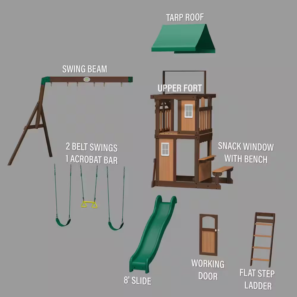 Lakewood Outdoor Playground Set W/ Elevated Clubhouse, Snack Window, Swing Set, Trapeze, and Wave Slide