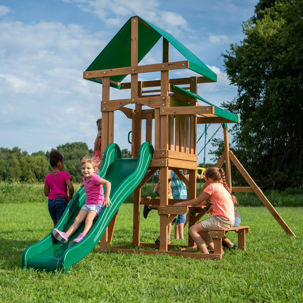 Belmont Cedar Wood Swing Set, Slide, Play Deck, Rock Wall Ladder