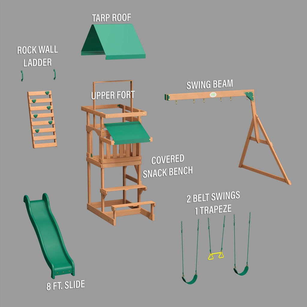 Belmont Cedar Wood Swing Set, Slide, Play Deck, Rock Wall Ladder