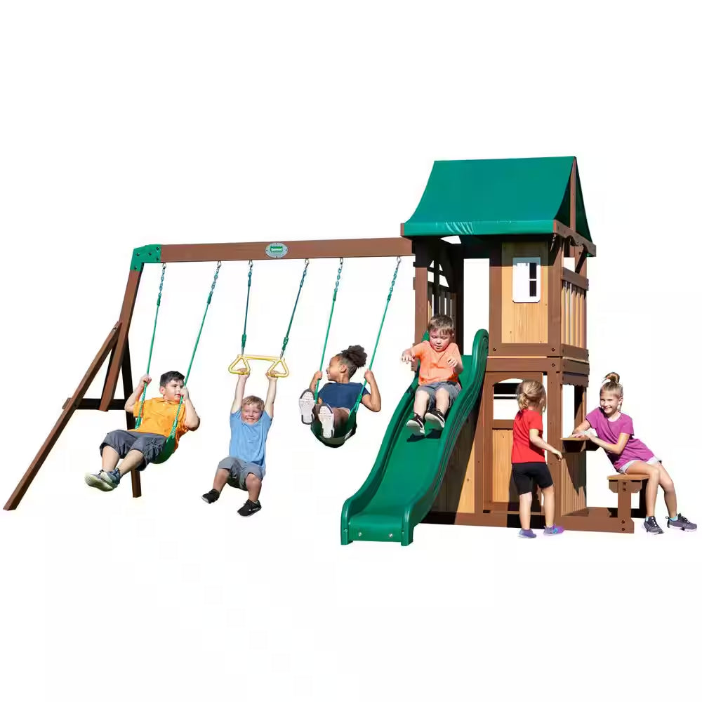 Lakewood Outdoor Playground Set W/ Elevated Clubhouse, Snack Window, Swing Set, Trapeze, and Wave Slide