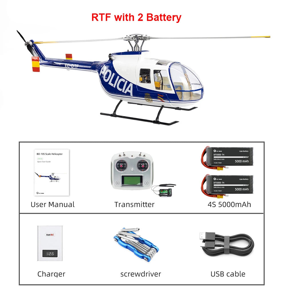 FLYWING BO105 RC Helicopter ACE Flight Controller 470 Class 6CH Scale Helicopter BO105 Plane 4 Blades Rotor Head One-Key Return