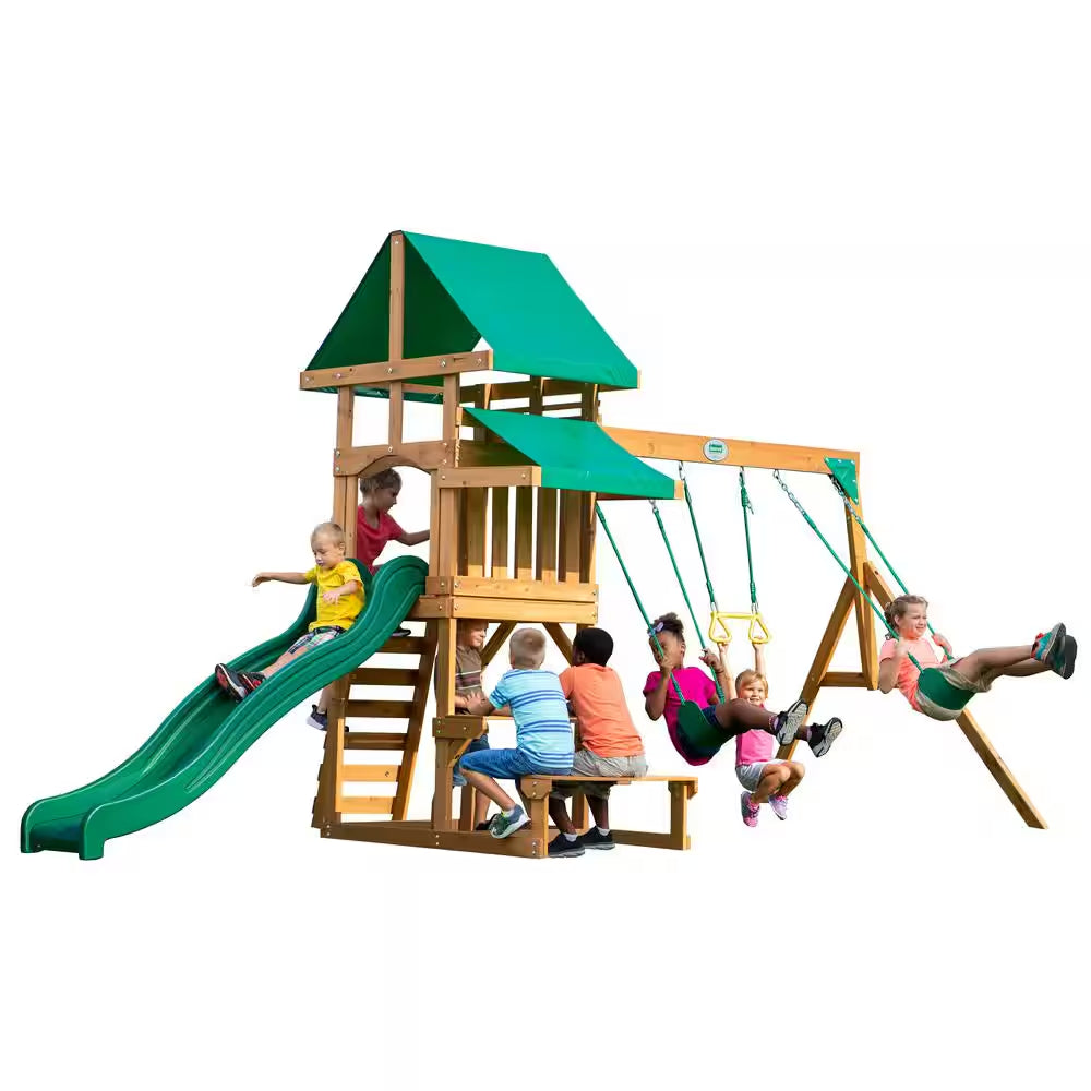 Belmont Outdoor Kid'S Playground Set W/ Elevated Clubhouse, Sandbox Area, Rockwall, Swing Set, and Wave Slide