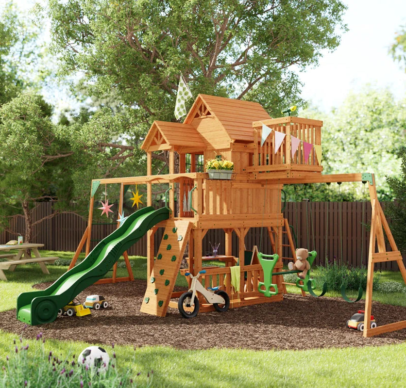 Skyfort II Cedar Wood Swing Set with Wave Slide, Clubhouse, Crow'S Nest, and Monkey Bars