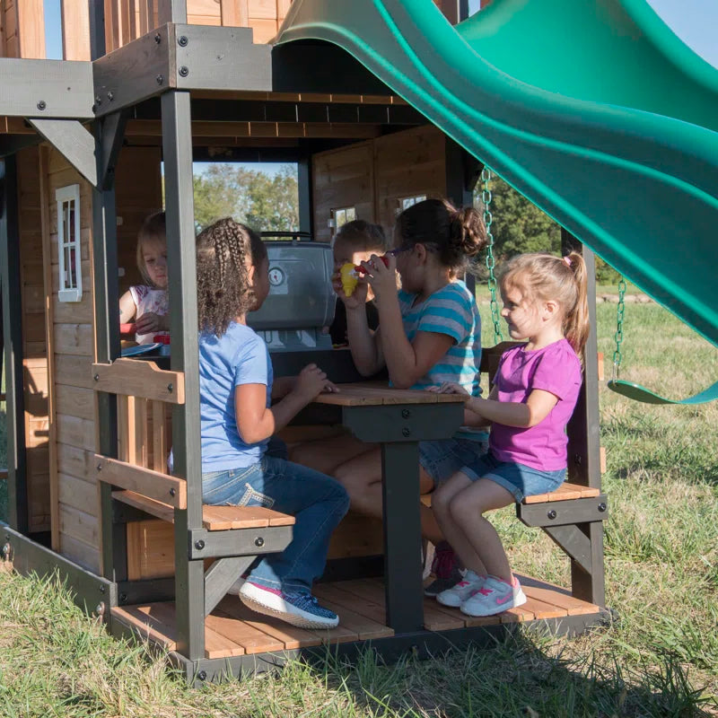 Canyon Creek Cedar Wood Swing Set with Wave Slide, Clubhouse, Rock Wall, and Play Kitchen