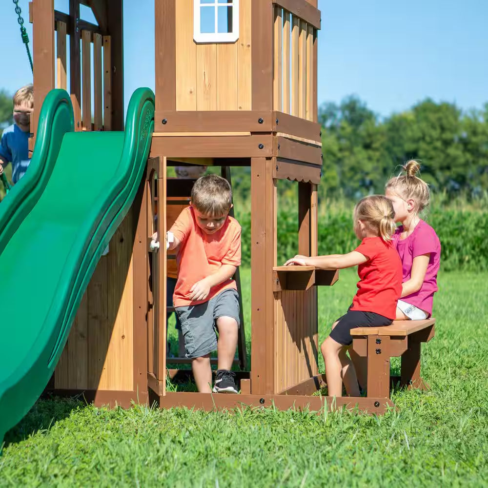 Lakewood Outdoor Playground Set W/ Elevated Clubhouse, Snack Window, Swing Set, Trapeze, and Wave Slide