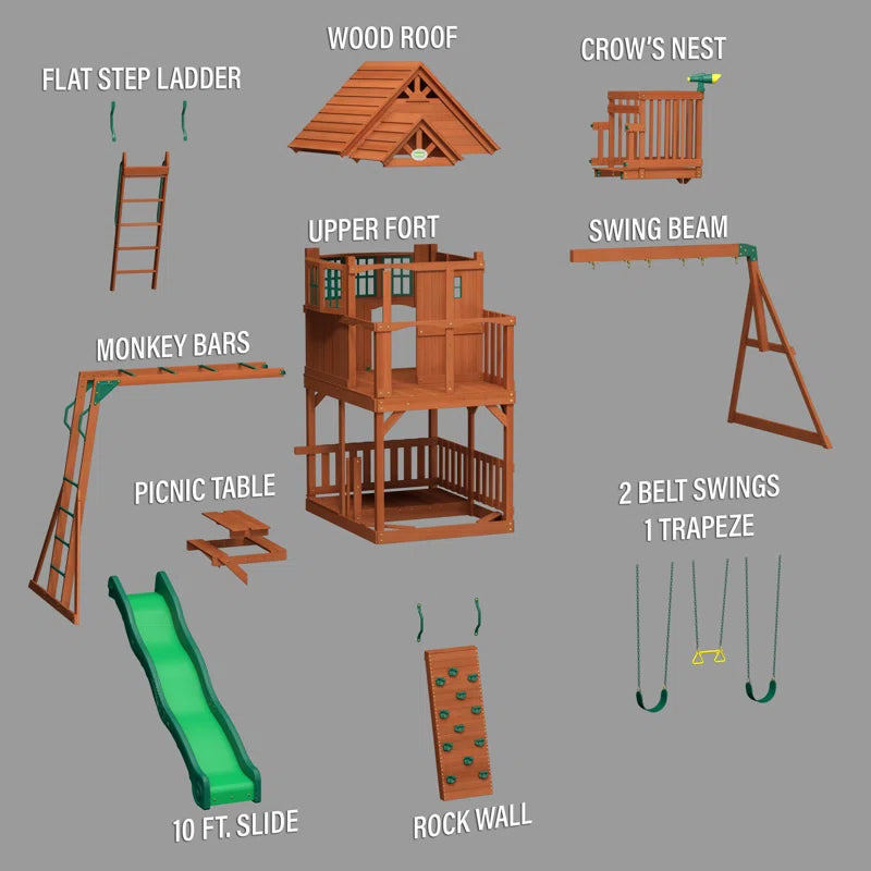 Skyfort II Cedar Wood Swing Set with Wave Slide, Clubhouse, Crow'S Nest, and Monkey Bars