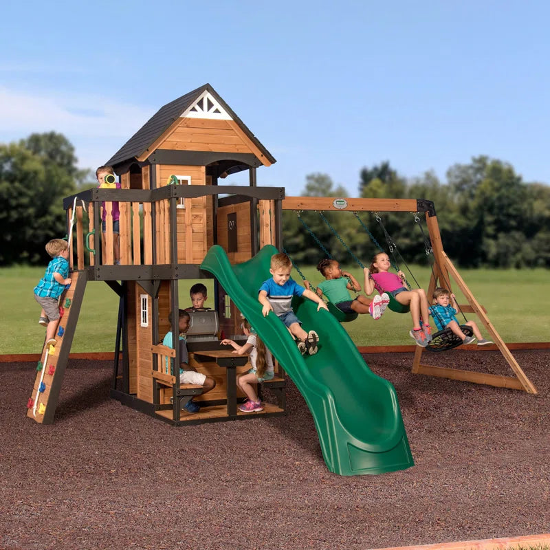 Canyon Creek Cedar Wood Swing Set with Wave Slide, Clubhouse, Rock Wall, and Play Kitchen