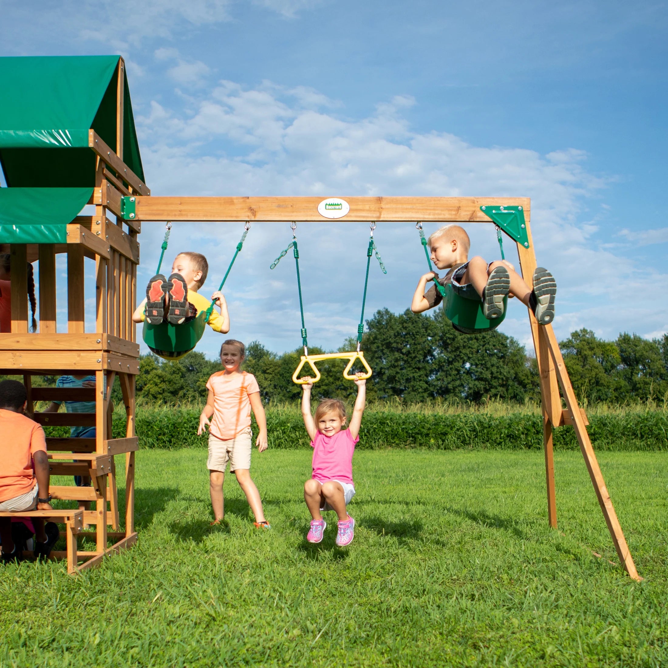 Belmont Cedar Wood Swing Set, Slide, Play Deck, Rock Wall Ladder