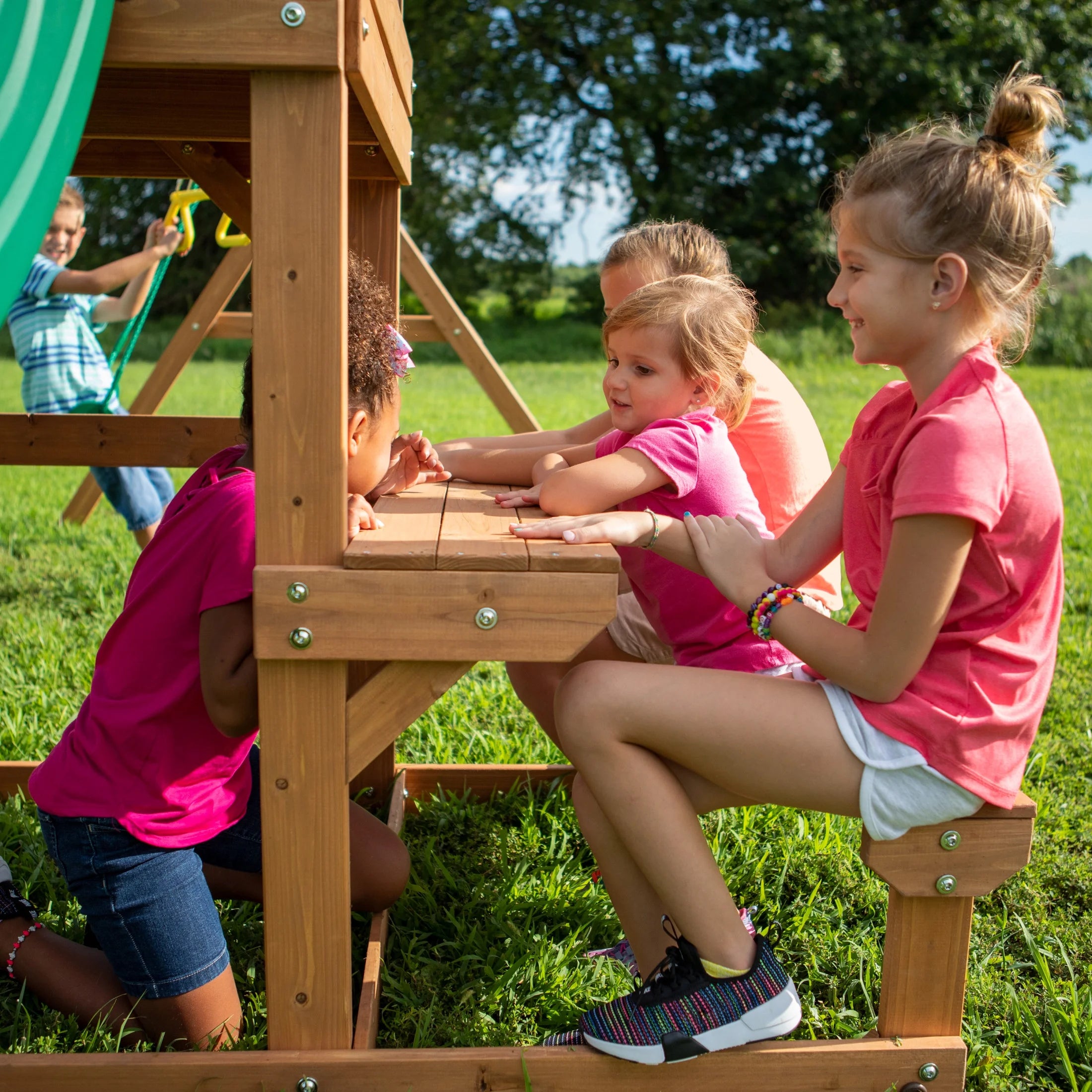 Belmont Cedar Wood Swing Set, Slide, Play Deck, Rock Wall Ladder