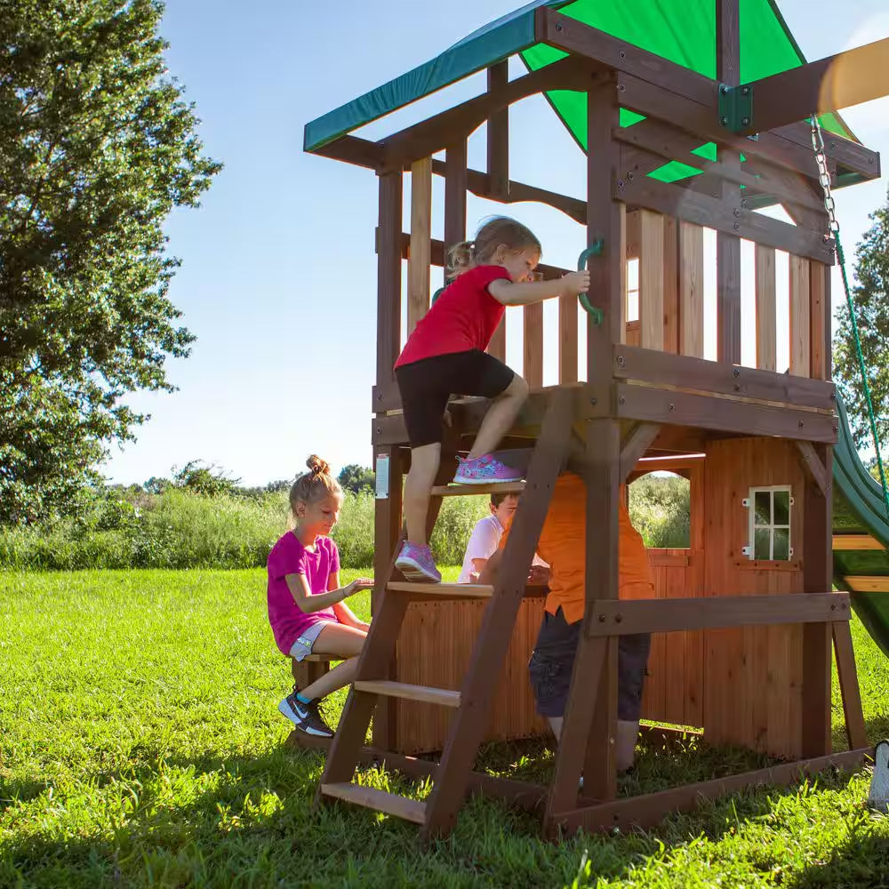 Lakewood Outdoor Playground Set W/ Elevated Clubhouse, Snack Window, Swing Set, Trapeze, and Wave Slide