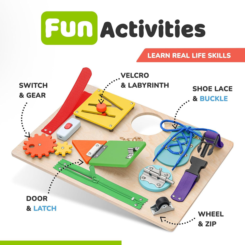 Toddler Busy Board, Premium Wooden Sensory Busy Board for Toddlers 3 Year Old with 10 Educational Activities for Fine Motor Skills, Fidget Activity Toy for Travel