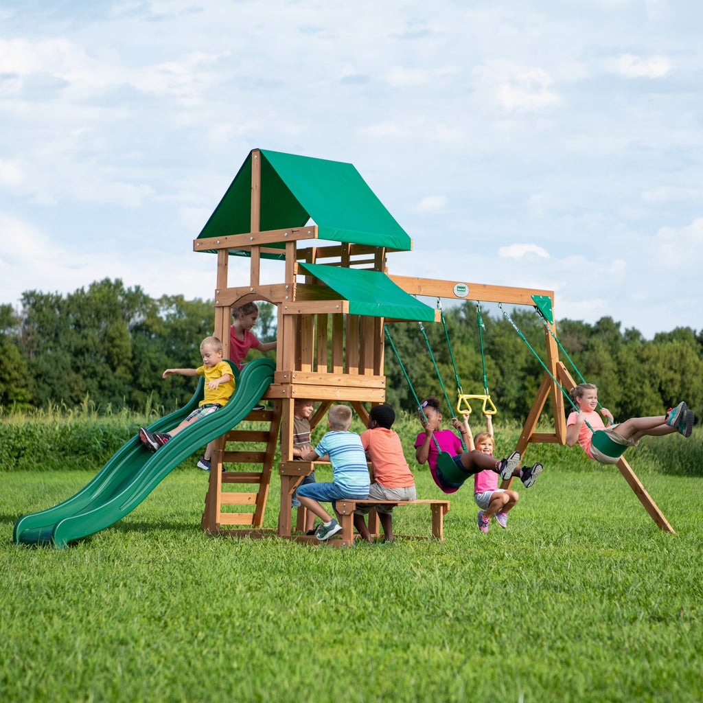 Belmont Cedar Wood Swing Set, Slide, Play Deck, Rock Wall Ladder