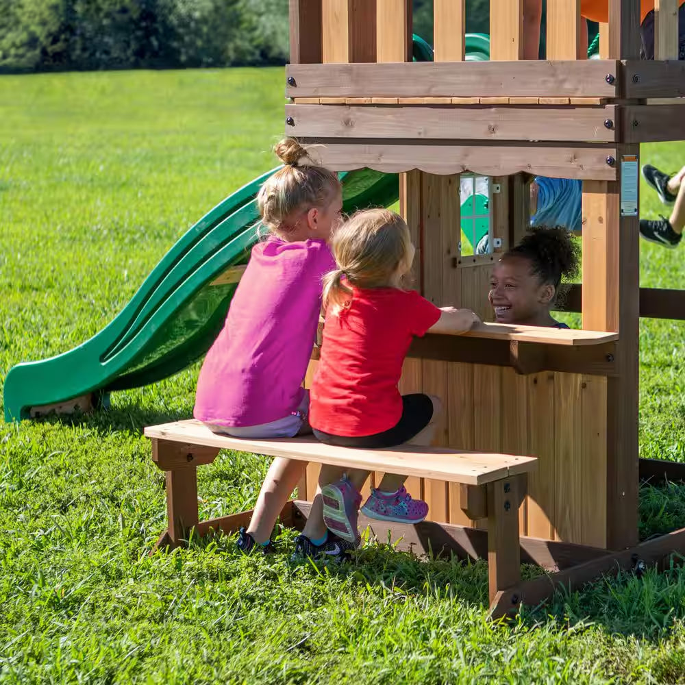 Lakewood Outdoor Playground Set W/ Elevated Clubhouse, Snack Window, Swing Set, Trapeze, and Wave Slide