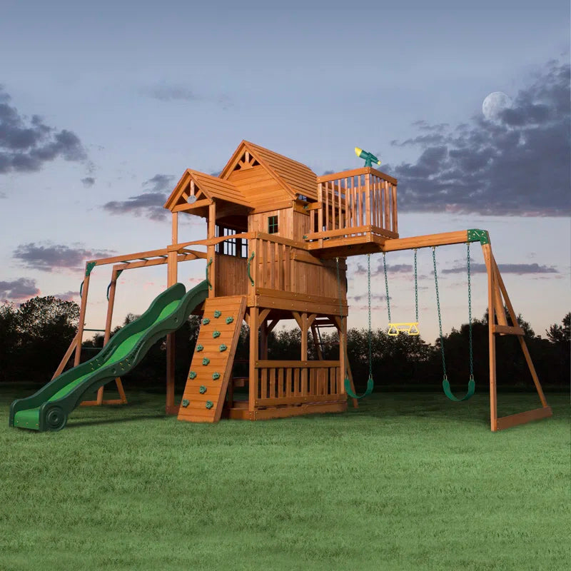 Skyfort II Cedar Wood Swing Set with Wave Slide, Clubhouse, Crow'S Nest, and Monkey Bars