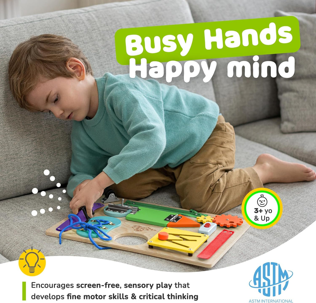 Toddler Busy Board, Premium Wooden Sensory Busy Board for Toddlers 3 Year Old with 10 Educational Activities for Fine Motor Skills, Fidget Activity Toy for Travel