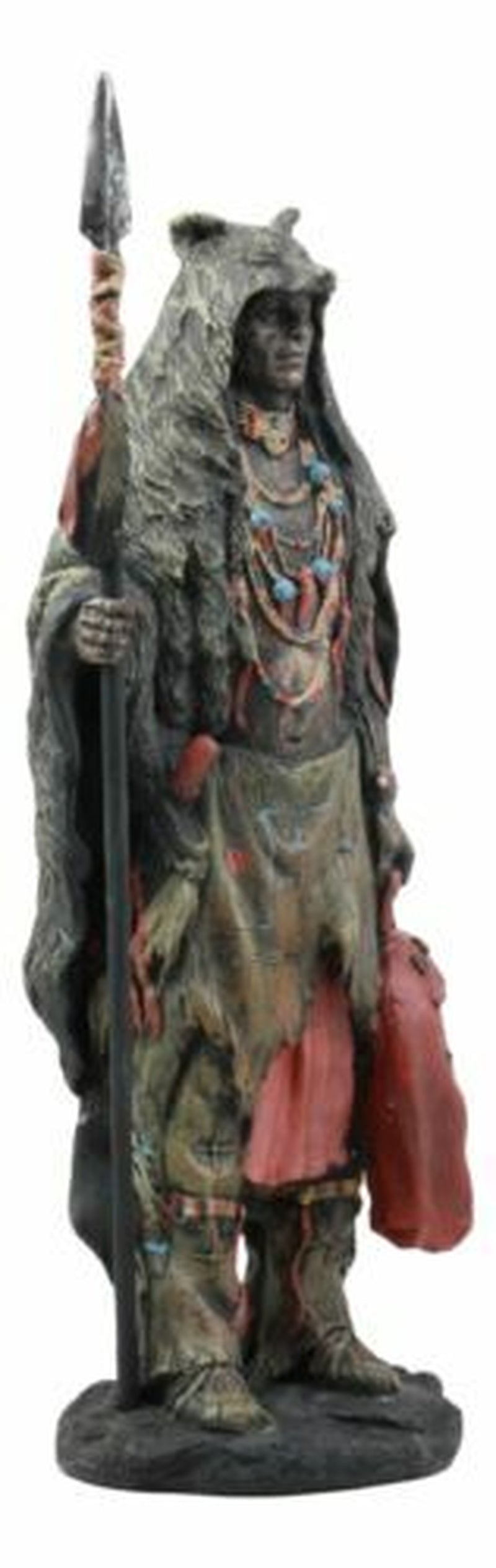 Brave Tribal Indian Native Warrior Hunter with Bear Headdress Winter Coat Statue