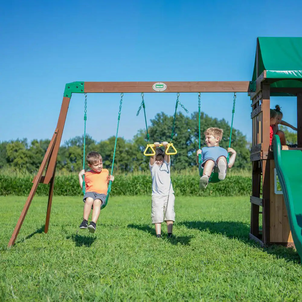 Lakewood Outdoor Playground Set W/ Elevated Clubhouse, Snack Window, Swing Set, Trapeze, and Wave Slide