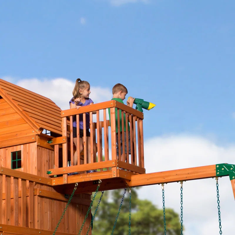 Skyfort II Cedar Wood Swing Set with Wave Slide, Clubhouse, Crow'S Nest, and Monkey Bars