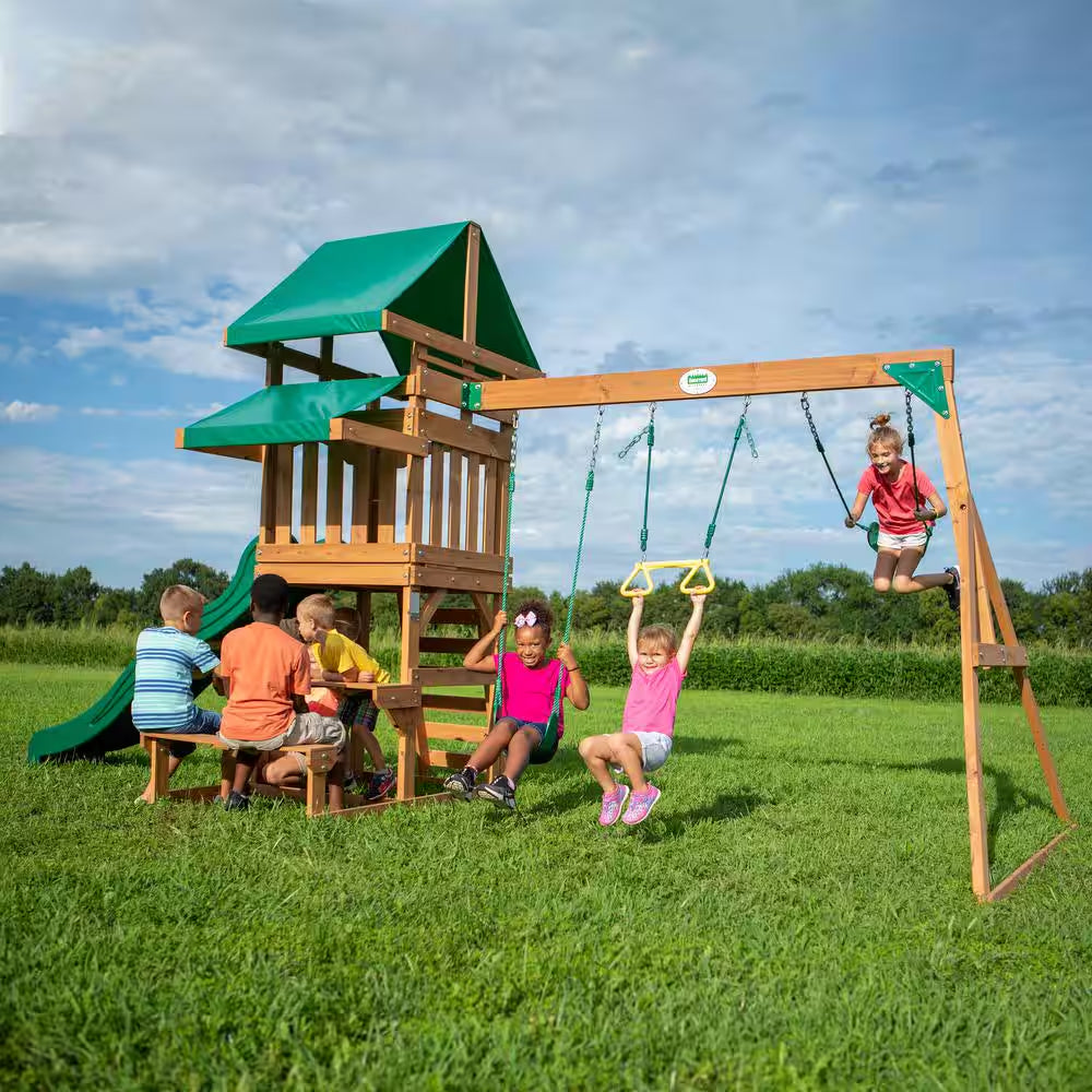 Belmont Outdoor Kid'S Playground Set W/ Elevated Clubhouse, Sandbox Area, Rockwall, Swing Set, and Wave Slide