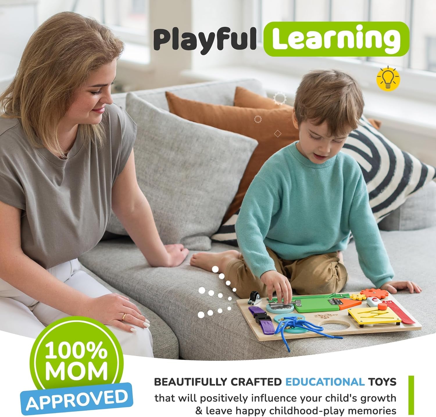 Toddler Busy Board, Premium Wooden Sensory Busy Board for Toddlers 3 Year Old with 10 Educational Activities for Fine Motor Skills, Fidget Activity Toy for Travel