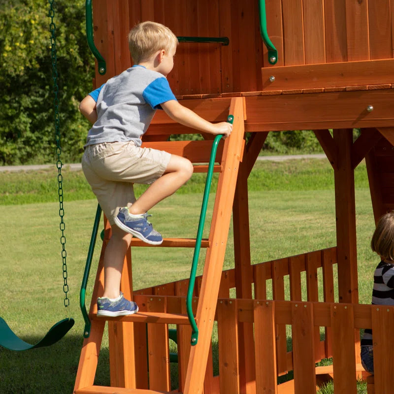 Skyfort II Cedar Wood Swing Set with Wave Slide, Clubhouse, Crow'S Nest, and Monkey Bars