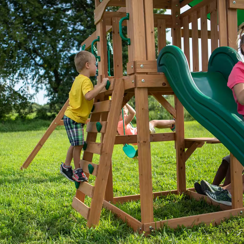 Belmont Outdoor Kid'S Playground Set W/ Elevated Clubhouse, Sandbox Area, Rockwall, Swing Set, and Wave Slide