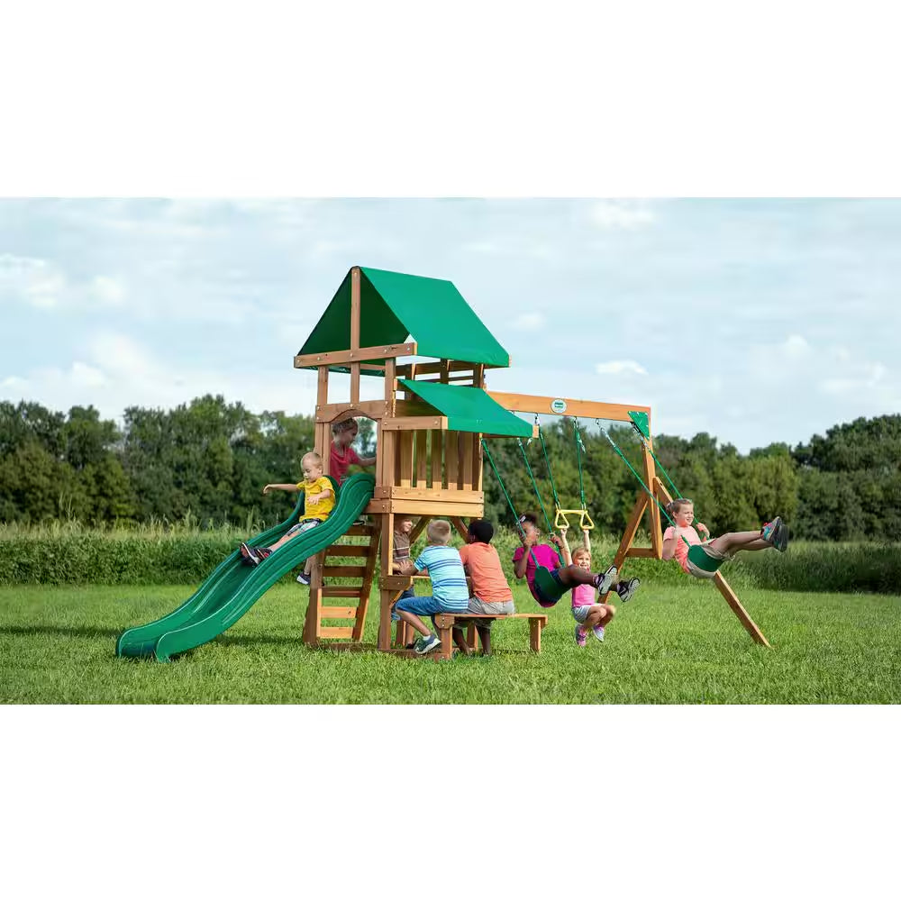 Belmont Outdoor Kid'S Playground Set W/ Elevated Clubhouse, Sandbox Area, Rockwall, Swing Set, and Wave Slide