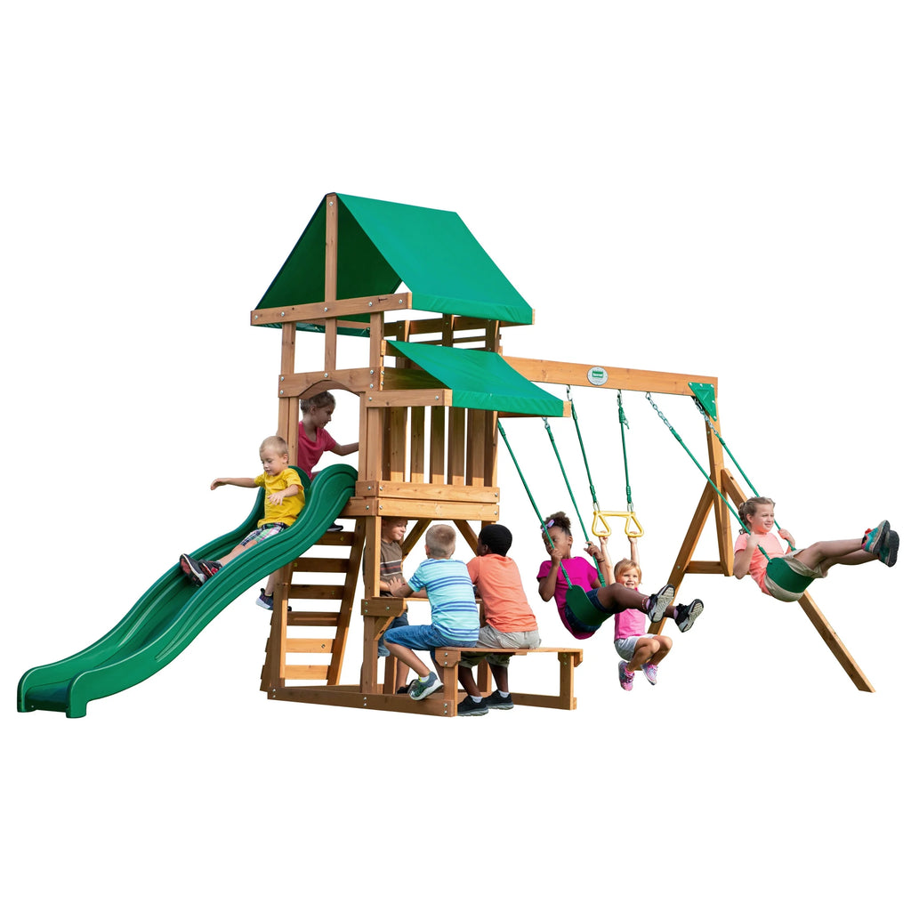 Belmont Cedar Wood Swing Set, Slide, Play Deck, Rock Wall Ladder