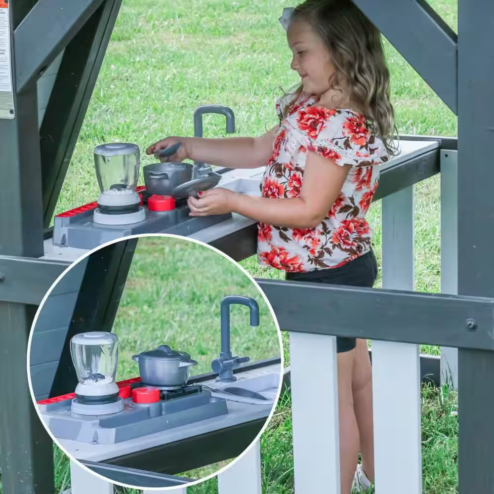 Whispering Point Outdoor Playground Set W/ Upper Clubhouse, Web Swing, Rock Wall, Swing Set, and Playset Kitchen