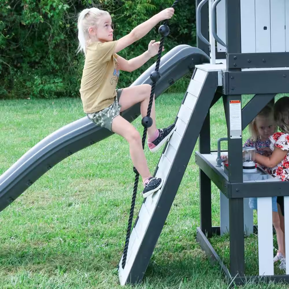Whispering Point Outdoor Playground Set W/ Upper Clubhouse, Web Swing, Rock Wall, Swing Set, and Playset Kitchen