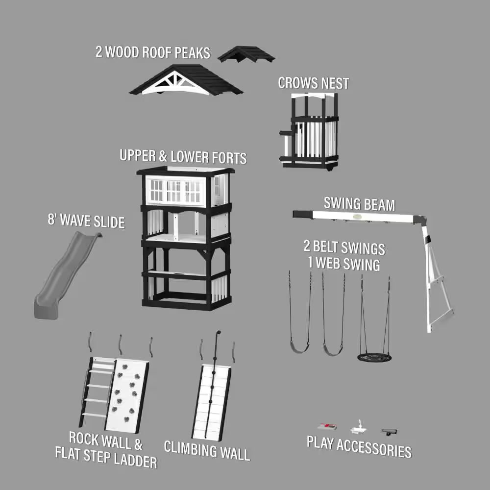 Whispering Point Outdoor Playground Set W/ Upper Clubhouse, Web Swing, Rock Wall, Swing Set, and Playset Kitchen