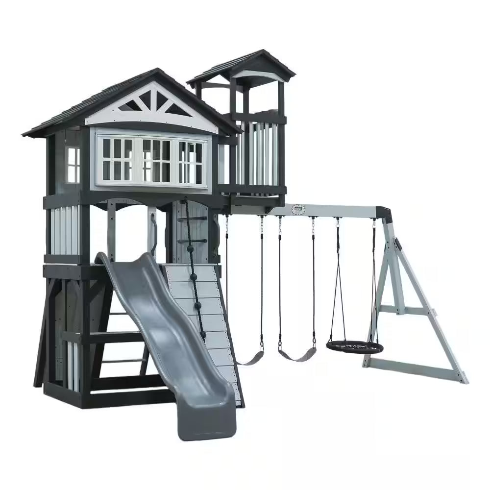 Whispering Point Outdoor Playground Set W/ Upper Clubhouse, Web Swing, Rock Wall, Swing Set, and Playset Kitchen