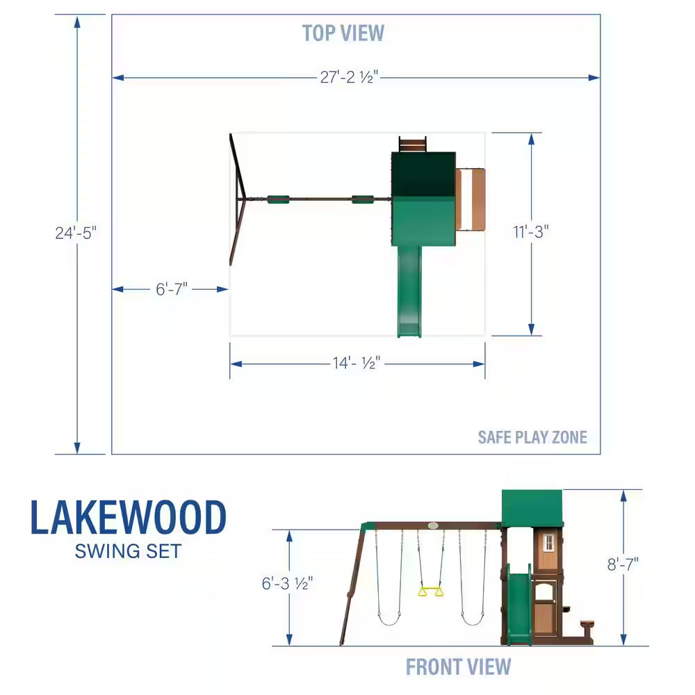Lakewood Outdoor Playground Set W/ Elevated Clubhouse, Snack Window, Swing Set, Trapeze, and Wave Slide