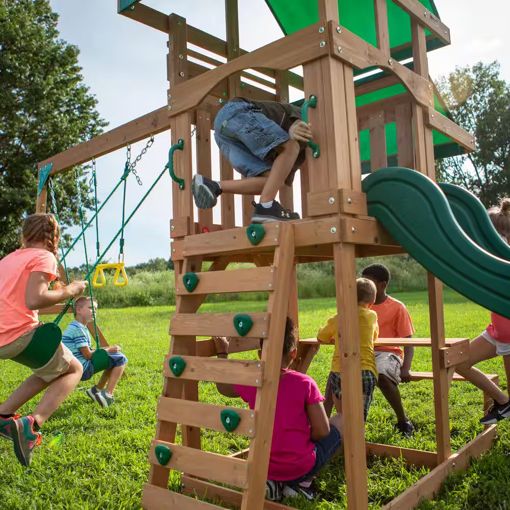 Belmont Outdoor Kid'S Playground Set W/ Elevated Clubhouse, Sandbox Area, Rockwall, Swing Set, and Wave Slide