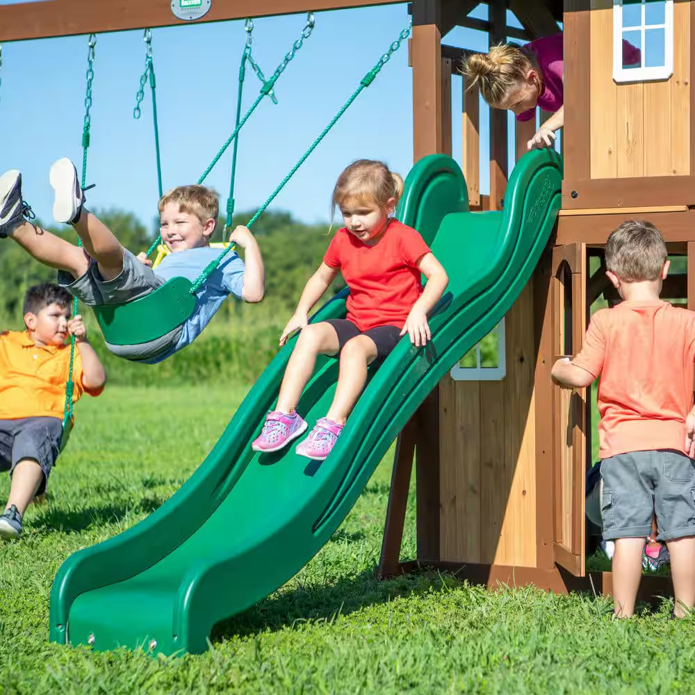 Lakewood Outdoor Playground Set W/ Elevated Clubhouse, Snack Window, Swing Set, Trapeze, and Wave Slide