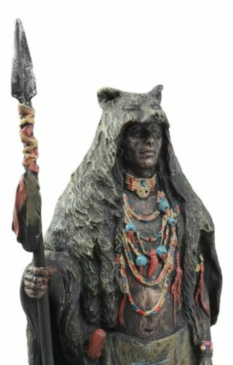 Brave Tribal Indian Native Warrior Hunter with Bear Headdress Winter Coat Statue