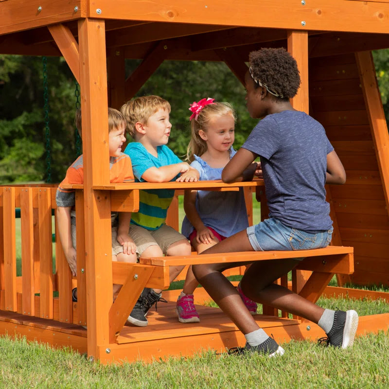Skyfort II Cedar Wood Swing Set with Wave Slide, Clubhouse, Crow'S Nest, and Monkey Bars