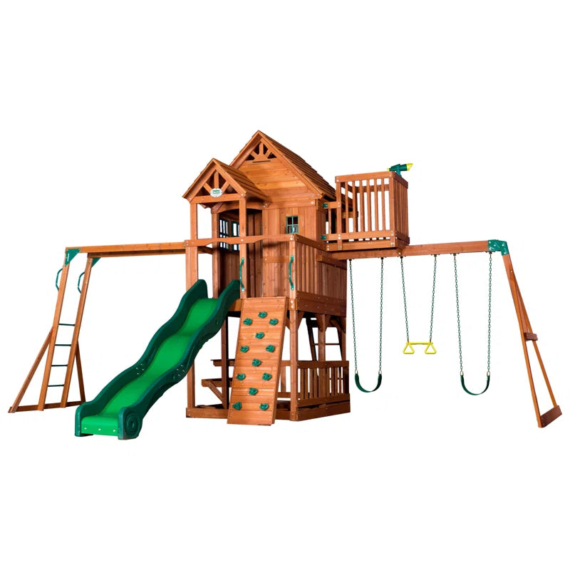 Skyfort II Cedar Wood Swing Set with Wave Slide, Clubhouse, Crow'S Nest, and Monkey Bars